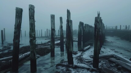 Decayed wooden poles at ancient pier