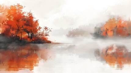 Misty Autumn Landscape with Reflections of Fiery Foliage on a Quiet Lake