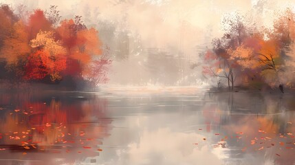 Obraz na płótnie Canvas Misty Autumn Lake Reflections - Peaceful Scenic Landscape with Fiery Foliage and Brushstroke Painting Effect
