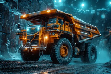 Illuminated by bright lights, a powerful haul truck transports ore in a mining operation under a snowfall