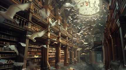 Floating Pages in a Surreal Library: A Dance of Knowledge and Dreams - obrazy, fototapety, plakaty