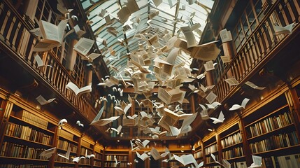 Floating Pages in a Surreal Library: A Dance of Literature and Imagination - obrazy, fototapety, plakaty
