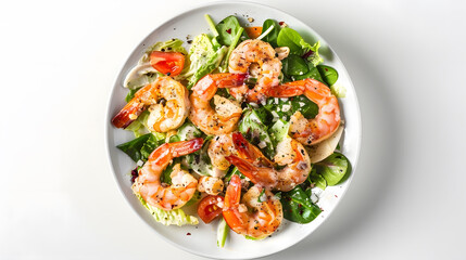 Shrimp Salad Healthy Seafood Caesar Salad with prawns on white background top view copy space : Generative AI