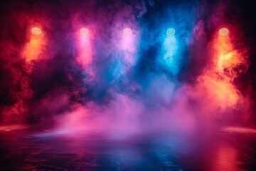 A mystic scene with brilliant stage lights piercing through pink and blue smoke during a live...