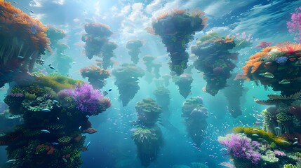 Naklejka na ściany i meble Dreamy Seascape: Floating Islands of Vibrant Marine Life Suspended Above the Ocean Surface