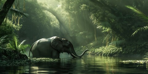 The gentle giant of the jungle, an elephant, walks peacefully by a serene river in a mystic green forest - obrazy, fototapety, plakaty