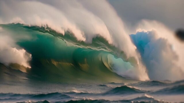 Majestic ocean wave curling. Large blue surfing wave, tube. Seascape live wallpapers. Beautiful slow motion footage. View of ocean tide. Abstract background of nature view.