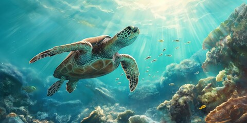 A vibrant marine life scene with a sea turtle gracefully swimming among coral reef and sun rays filtering through water - obrazy, fototapety, plakaty