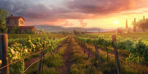 A serene Tuscany vineyard landscape during sunset, with warm light bathing the grapevines and a cozy house in the background