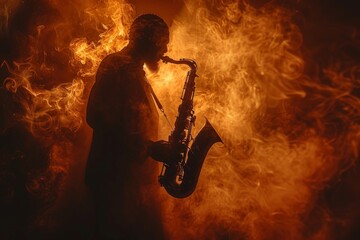 A shadowy saxophonist is set against a backdrop of intense, fire-like smoke, depicting the fusion of music and raw emotion - obrazy, fototapety, plakaty