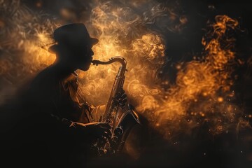 Silhouette of a musician playing saxophone enveloped in atmospheric smoke adding a mysterious vibe to the scene - obrazy, fototapety, plakaty