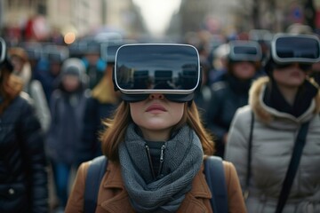 Multiple individuals woman in a crowd are wearing virtual reality headsets, fully immersed in digital experiences.