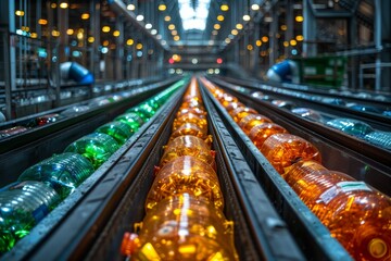 Fototapeta premium An array of multicolored plastic bottles sorted for recycling on a conveyor belt in a modern factory setting