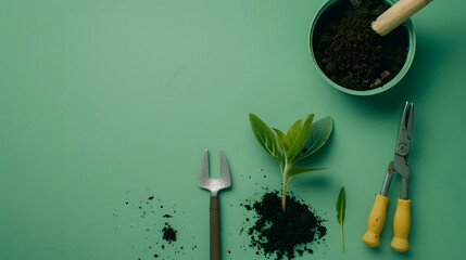 Growth and gardening creative concept with colors tools and sprout nd plant on green background top view copy space : Generative AI