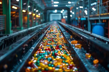 Overflowing amounts of colorful plastic waste moving down a conveyor belt in a waste management facility