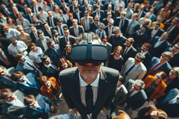 Multiple individuals in a crowd are wearing virtual reality headsets, fully immersed in digital experiences.
