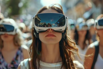 Multiple individuals woman in a crowd are wearing virtual reality headsets, fully immersed in digital experiences.