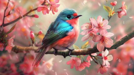Obraz premium Colorful Bird. beautiful bird. Songbird in Cherry Blossoms. bird on a branch Sakura flowers