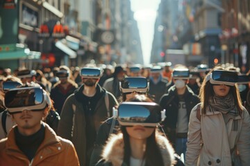 Multiple individuals in a crowd are wearing virtual reality headsets, fully immersed in digital experiences.