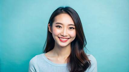 Fototapeta premium Smiling young woman Portrait: A confident, professional woman with a radiant smile, exuding happiness and beauty in a studio portrait