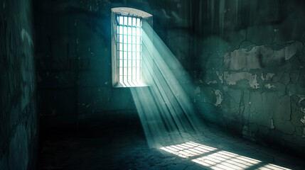 Dark empty Prison cell widow with Sunshine light - obrazy, fototapety, plakaty