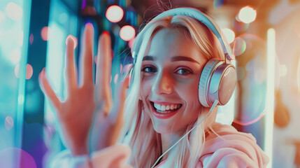 Young blonde woman listening to music using headphones smiling cheerful presenting and pointing...