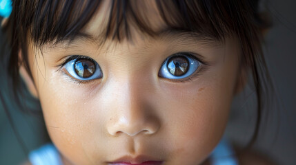 A macro photograph of the exquisite eyes of a little Asian girl, designed to emphasize her unique attractiveness and charm.