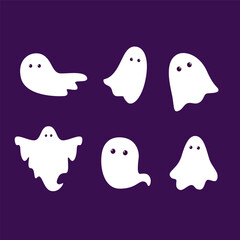 Cute ghost floating with Halloween pumpkin basket for Trick or Treat. Funny spooky boo character. Spook phantom with happy smiling face expression. Isolated kids flat vector illustration.