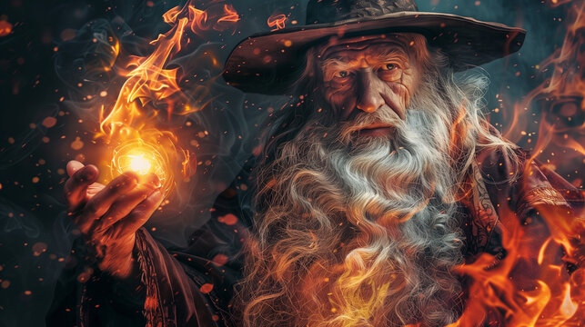 Fantasy wizard with fireball spelling magic 