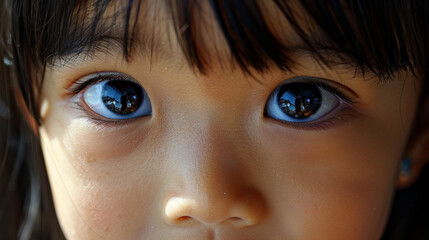 A beautiful close-up of the eyes of a little Asian girl, which makes you think about the mystery and depth of her inner world.