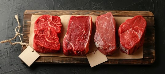 Butcher shop meat cuts display on wood with blank price tags, wide banner for copy space