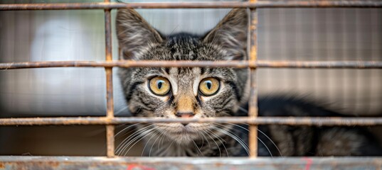 Lonely stray cat in shelter cage  abandoned feline behind rusty bars, seeking care and comfort
