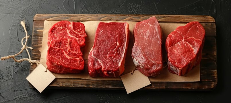 Butcher shop meat cuts display on wood with blank price tags, wide banner for copy space