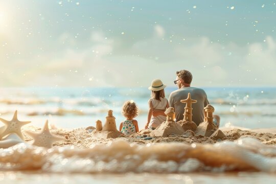 capturing a happy family enjoying a day at the beach, building sandcastles, with copy space area