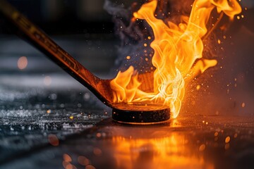 close up of hockey stick hitting a Puck in the form of an burn on fire. - obrazy, fototapety, plakaty
