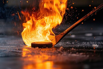 close up of hockey stick hitting a Puck in the form of an burn on fire. - obrazy, fototapety, plakaty