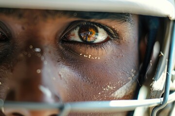 close-up shot of a cricketer determined eyes with a reflection of a distant fire in their pupils - obrazy, fototapety, plakaty