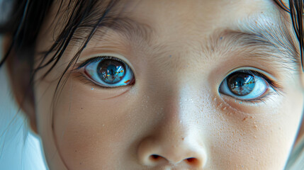 The focus is on the bright, lively eyes of a little Asian girl, like a window into her soul, revealing her emotions and feelings.