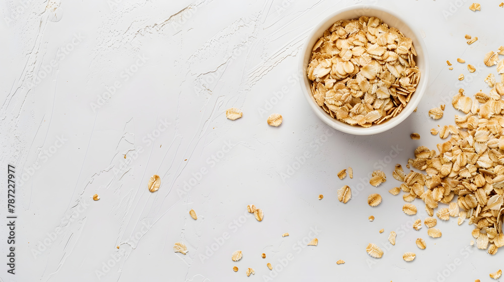 Poster oats dry brunch on white background raw and vegan product natural food top view and copy space image