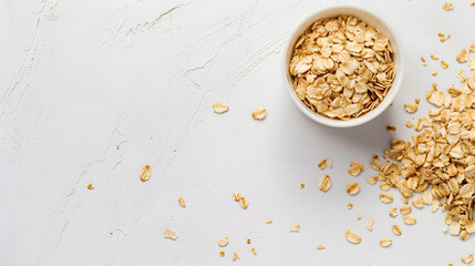Oats dry brunch on white background Raw and vegan product Natural food Top view and copy space image : Generative AI