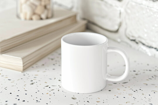 Natural Blank white mug POD product mockup minimal with empty space on terrazzo table open book in the background for book lover reader bookworm earthy rural farmhouse boho marketing literary campaign