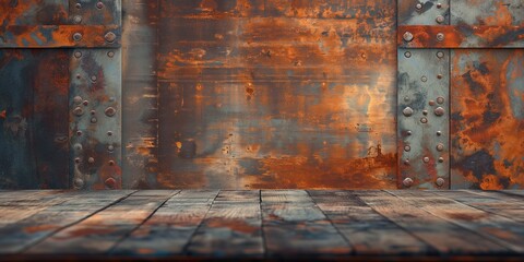 A rustic, weathered metal surface providing an industrial and textured backdrop - obrazy, fototapety, plakaty