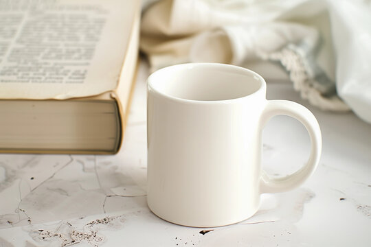 Natural Blank white mug POD product mockup minimal with empty space on marble table open book in the background for book lover reader bookworm earthy rural farmhouse boho marketing literary campaign