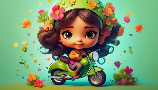oil painting style cartoon character cute baby stop sign stylish green cross motorcycle isolated on white background, 