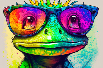 Colorful lizard in sunglasses in watercolor painting style