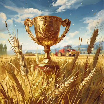 Golden winner's cup in a wheat field with a harvester in the background harvesting, ultra detailed, 8k, realistic, award illustration, no bad design, good perspective, good details