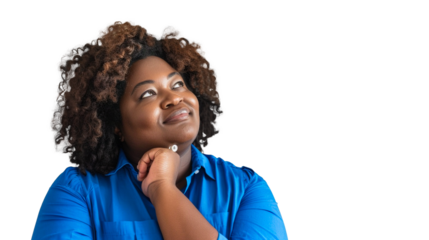 Dark-skinned woman with afro haircut looks up, space for text. Great for advertising. Isolated on transparent background
