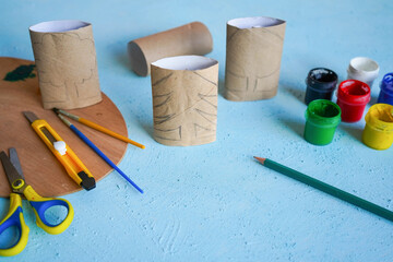 Kids craft trees out of recycling toilet paper roll, zero waste concept. Step by step tutorial - 2.