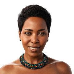 Middle aged African woman with short hair and tribal necklace plain face winking eyes breathing. Essence of diverse femininity.