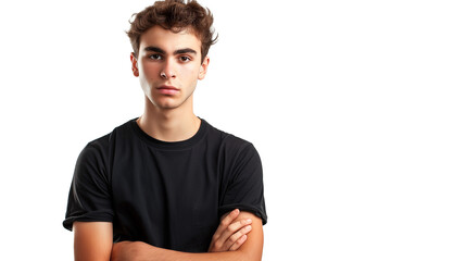 young man in black t shirt isolated on transparent background, boy cutout 